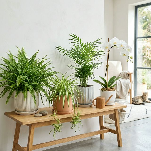 A collection of cat-friendly plants including Ferns, Spider Plants, and Orchids