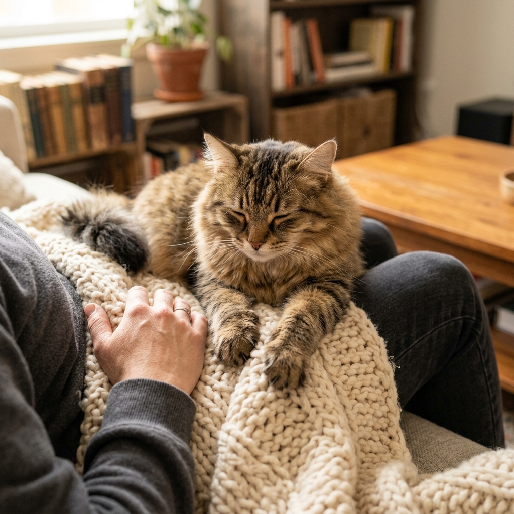 Fluffy cat contentedly kneading a blanket on a human lap, showing a deep bond of trust.