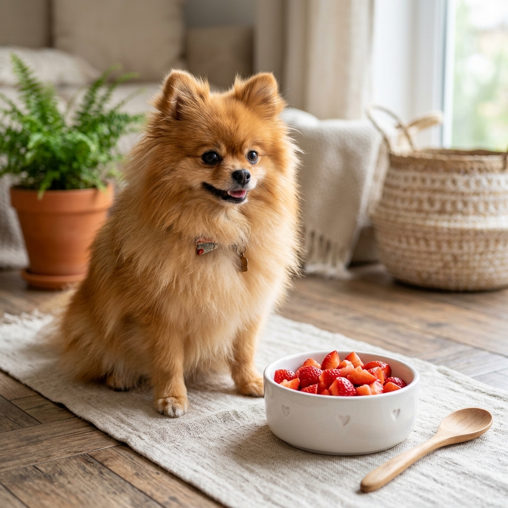 Small dog sitting next to bowl of cut strawberries