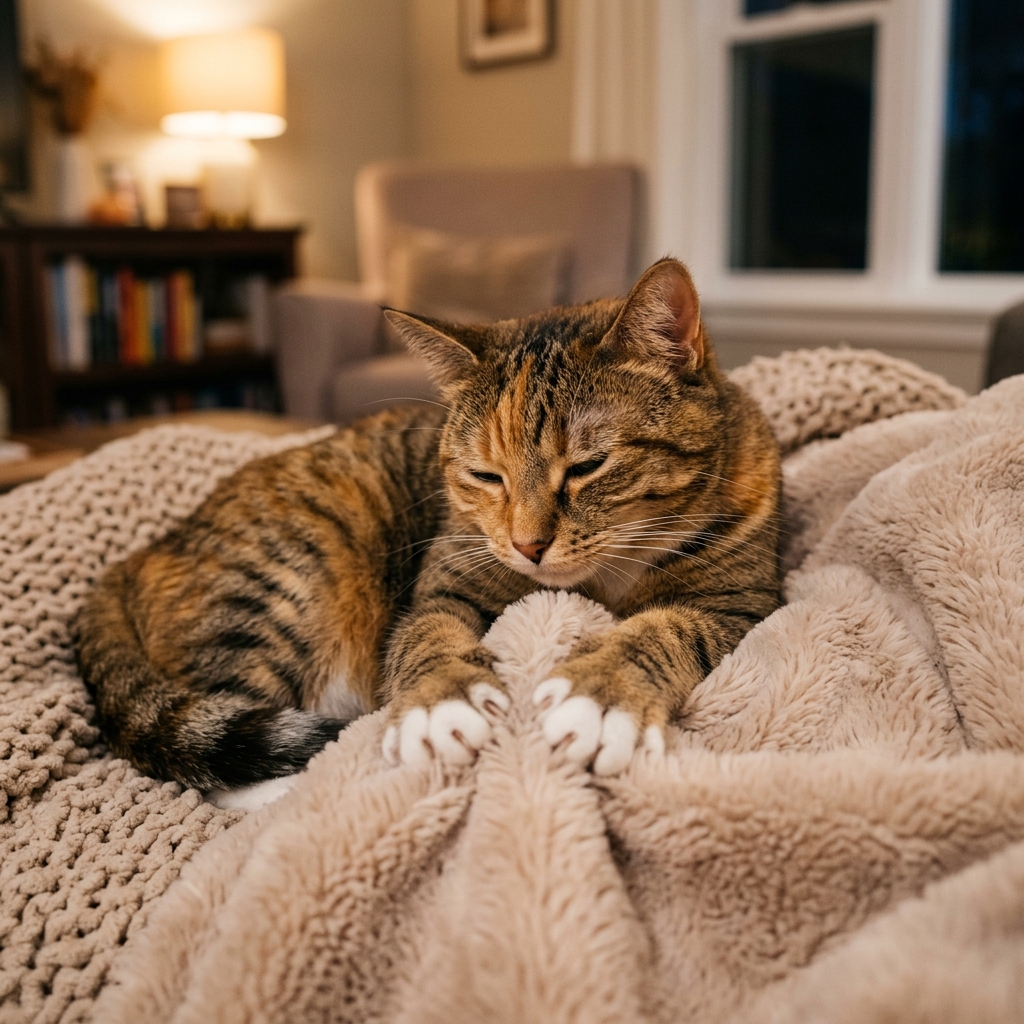 Cat kneading a soft blanket